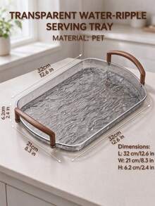 1pc PET Oval Serving Tray With Faux Wood Grain Handle, Water Ripple Pattern Transparent Tray, Multi-Functional For Ramadan Eid, Kitchen Dining Table, Dessert Coffee, Halloween Christmas Home Decor - Grey - View 5