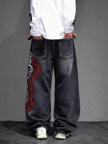 1pc American Retro High Street Hip Hop Men's Denim Jeans With Side Embroidery, Wide Leg, Casual Loose Fit, All Season Long Pants | Belt & Accessories Not Included - Black - View 4