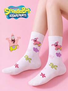 SpongeBob SquarePants 3/1 Pasang Kaos Kaki Wanita SquarePants, Kaos Kaki Setengah Betis Motif Bunga Warna-warni, Menarik, Musim Gugur/Dingin - MultiWarna - View 1
