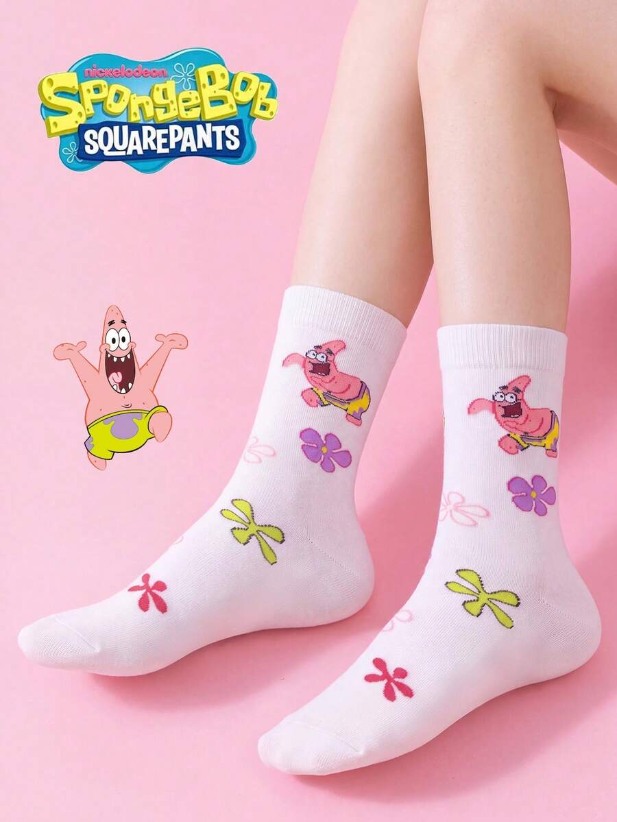 SpongeBob SquarePants 3/1 Pasang Kaos Kaki Wanita SquarePants, Kaos Kaki Setengah Betis Motif Bunga Warna-warni, Menarik, Musim Gugur/Dingin - MultiWarna - View 1