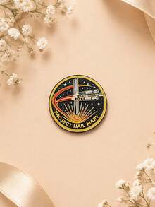 1pc Vintage Sci-Fi Metal Black & Gold Starry Spaceship English Lettering Round Brooch, Women's Daily Backpack & Jacket Decoration Gift - Multicolor - View 2
