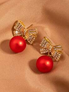 1 Pair Gentle Elegant Rhinestone Bow Red Ball Pendant Stud Earrings For Women - Multicolor - View 3