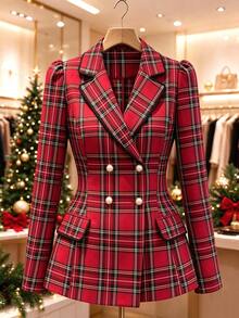 Women's Autumn/Winter Office Daily Holiday Color-Block Christmas Plaid Design Contrast Trim Fitted Double-Breasted Long Sleeve Blazer - Red - View 2