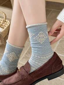 4Pairs Women's Vintage Floral Jacquard Mid-Calf Socks, Retro Textured Slouch Socks, Highly Attractive Casual Style Socks - Multicolor - View 2
