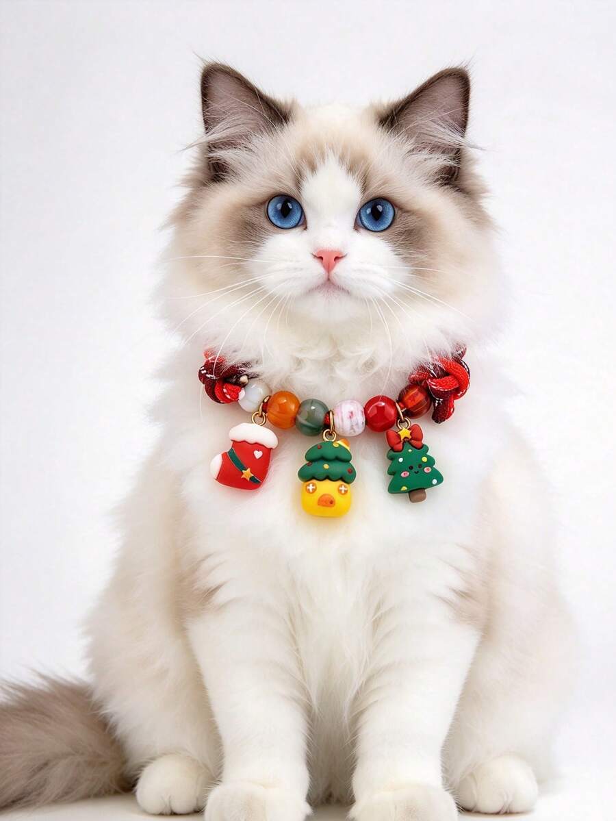 1PC Christmas Pet Collar, Adjustable Fall Winter Dog Cat Necklace, Red Green Beaded Pet Necklace With Santa Tree Charms, Xmas Dog Collar For Daily Wear & Holiday Photos, For Small Pets - Red - View 1