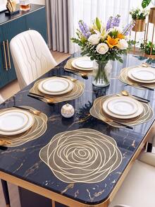 12pcs Gold Flower Round Placemats 15inch, PVC Material 3.94inch Round Hollow Rose Coasters, Washable, Easy To Clean, Wipe-Able, Non-Slip, Heat-Resistant, For Room Decor, Dining Table Decor, Home Decor, Suitable For Holidays, Parties, Birthdays, Weddings And Dinners - Multicolor - View 2