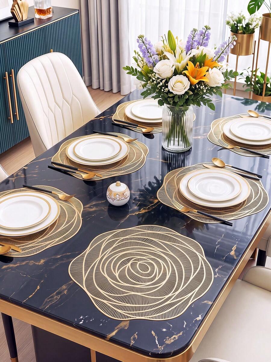 12pcs Gold Flower Round Placemats 15inch, PVC Material 3.94inch Round Hollow Rose Coasters, Washable, Easy To Clean, Wipe-Able, Non-Slip, Heat-Resistant, For Room Decor, Dining Table Decor, Home Decor, Suitable For Holidays, Parties, Birthdays, Weddings And Dinners