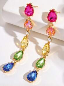 1 Pair New Fashion Colorful Rhinestone Long Water Drop Tassel Earrings, Unique Exquisite High-End Versatile Earrings For Women, Suitable For Daily Wear, Party, Wedding - Earring - View 1
