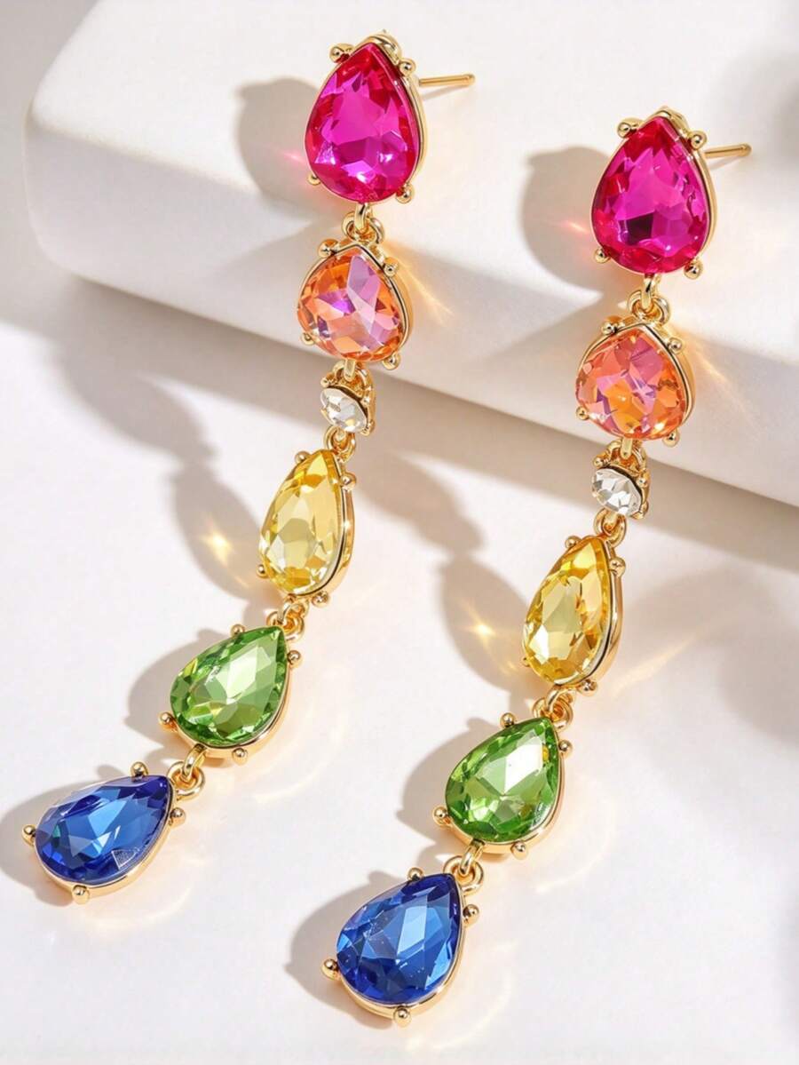 1 Pair New Fashion Colorful Rhinestone Long Water Drop Tassel Earrings, Unique Exquisite High-End Versatile Earrings For Women, Suitable For Daily Wear, Party, Wedding - Earring - View 1