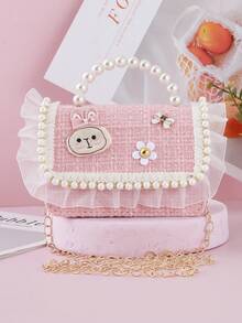 1pc Mini Girls' Children's Bag, Chiffon Lace Cartoon Rabbit Decor, Chain Shoulder Strap, Flap Closure, One Shoulder Crossbody Bag, Cute Pink Children's Purse, Beaded Handbag, Coin Purse, Suitable For Daily And Holiday Use - Pink - View 1