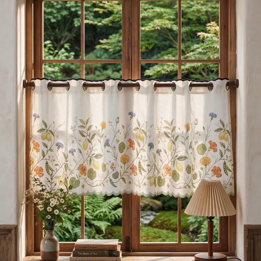 1pc Lemon Floral Plant Print White Window Curtain, Country Farmhouse Style 100% Polyester Rectangular Scalloped Edge Semi-Sheer Filter Light Curtain, Suitable For Kitchen, Bathroom, Living Room All Season Home Decor - Multicolor - View 1
