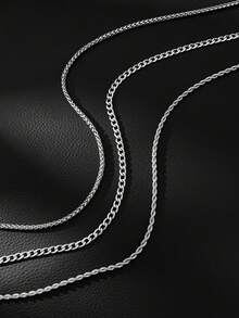 3PCS Layered Cuban Link Rope Chain & Wheat Chain Necklace Set For Men Stainless Steel Silver Tone Stacked Necklaces Hip Hop Streetwear Jewelry Gift - Silver - View 4