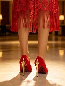 XfxfA Women's Fashion High Heels With Shiny Metallic Stiletto Heel, Suitable For Date/Party/Gathering/Wedding - Red - View 3
