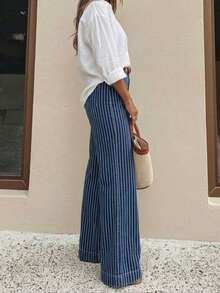 QIFXER Women's Vintage Striped Denim Straight Leg Pants, Mid-Stretch, Button Pocket Design, Suitable For Casual Or Party Wear - Dark Wash - View 5