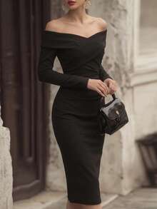 Women's Elegant Solid Color Party Dress, Formal Evening Gown, Autumn - Black - View 7