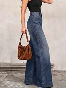 Women's Fashion Relaxed Fit Dark Wash High Waist Large Pocket Straight Leg Jeans, Loose Fit For Commute, Workplace, Daily Bottoms Casual Fall - Blue - View 3