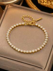 VceTd 2pcs Minimalist & Luxurious Stainless Steel Women Bracelet Set, Featuring Glass-Inlaid Four-Leaf Flower Design And Tennis Chain Design, Suitable For Daily Commute, Outings, Holidays, Parties, Or As Valentine's Day Gift For Loved Ones - Yellow Gold - View 2