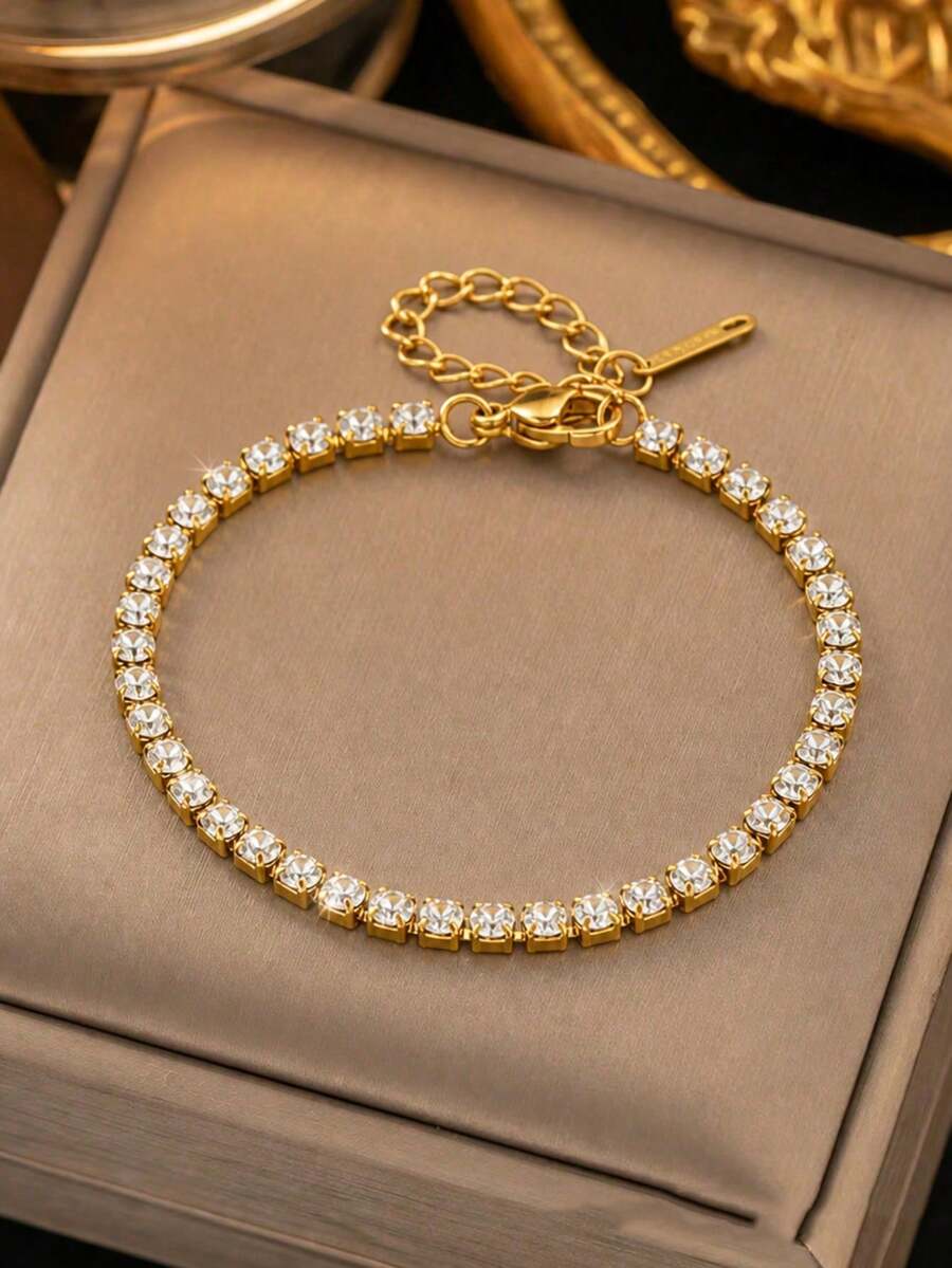 VceTd 2pcs Minimalist & Luxurious Stainless Steel Women Bracelet Set, Featuring Glass-Inlaid Four-Leaf Flower Design And Tennis Chain Design, Suitable For Daily Commute, Outings, Holidays, Parties, Or As Valentine's Day Gift For Loved Ones