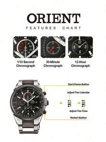 Orient Men's Quartz Chronograph Watch, Dual-Tone Stainless Steel Band, Black Multi-Dial Face, Tachymeter Bezel, Suitable For Casual Wear - Black - View 6