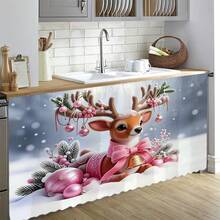 1 pieza Falda de mesa de felpa corta de poliéster con estampado de renos rosas de la serie navideña, cortina de gabinete de cocina, fácil de colgar, ideal para decoración del hogar, adecuada para gabinetes de cocina, gabinetes de lavandería, gabinetes de almacenamiento y cortinas cortas de ventanas - Multicolor - Ver 5