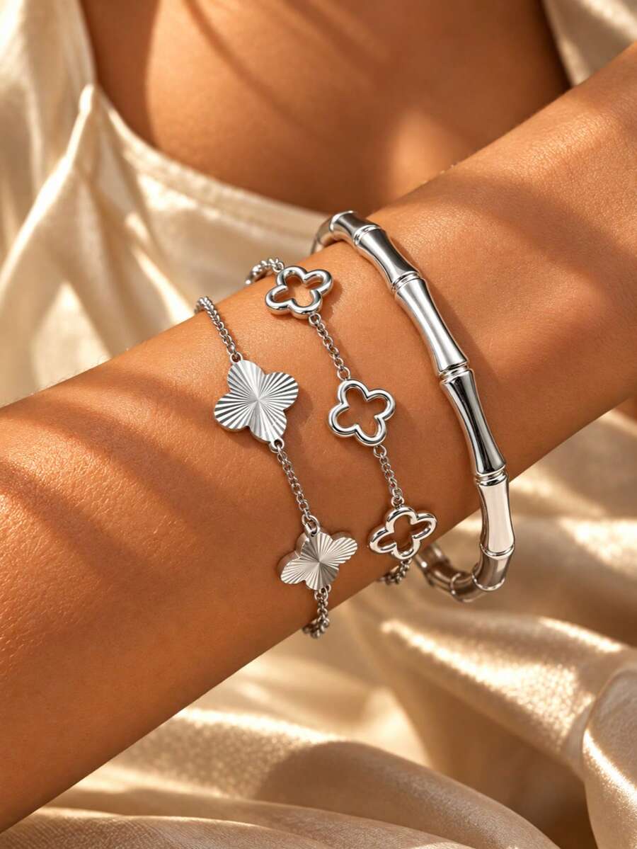 VceTd 1 Set Fashionable Clover Stainless Steel Jewelry Set Suitable For Women's Fashion Commute Or Daily Wear