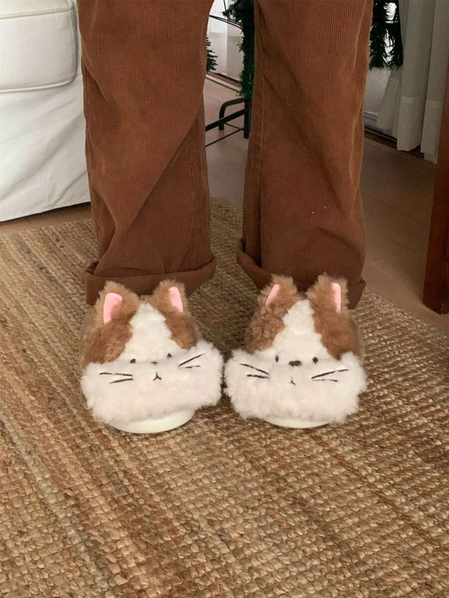 XIXITIAO Color Block Cute Kitten Fuzzy Slippers For Women, Warm Winter Plush House Maternity Shoes, Cozy Indoor Home Slippers - Brown - View 1