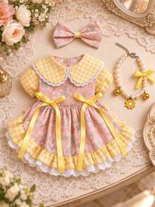 Charming Yellow Plaid Floral Puppy Princess Dress, Breathable Pet Dress With Lace Collar And Flowing Satin Ribbon Bow, Cute Puff Sleeve Colorblock Ruffle Hem, Suitable For Pomeranian, Bichon, Teddy, Perfect For Pet Photography, Birthday, Spring Daily Wear - New Arrival - Yellow - View 16