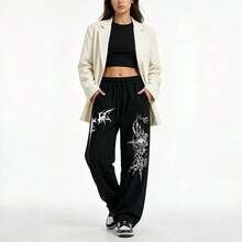 Pantalón Negro de Pierna Ancha con Estampado Gráfico , Cintura Elástica con Cordón, Corte Holgado Oversize, Estilo Y2K Streetwear Unisex para Otoño Invierno, Salidas, Viaje y Uso Diario - A - Ver 9