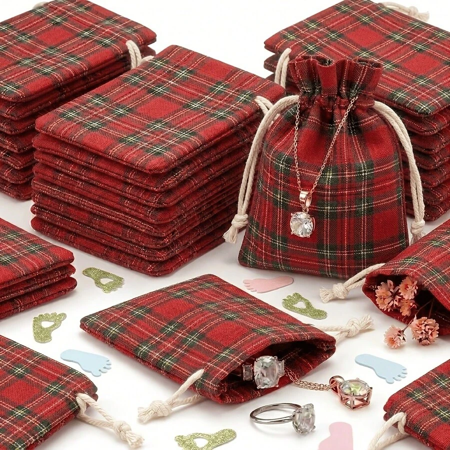 6/12pcs Red Plaid Drawstring Bags - Small Gift Bags With Plaid Pattern And Drawstring Closure, Suitable For Wedding Gifts, Jewelry Storage, Christmas Candy, Birthday Party Supplies, Beaded Craft Finished Products (Fabric Material) - Multicolor - View 1