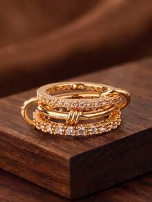 1pc Gold Intertwined Triple Band Ring, Multi Circle Cubic Zirconia Stacking Ring, Elegant Copper Statement Finger Ring For Women Party Daily Jewelry - Multicolor - View 2