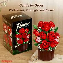 408/433pcs Red Rose & Sunflower Building Block Flower Pot, Everlasting Micro Particle Building Block Assembly Bouquet, ABS Resin Material, 2-In-1 Eternal Building Block Flower Bouquet. Realistic Floral Model Decor, Ins-Style Desktop Warm Healing Ornament, DIY Creative Assembly Model, Adult Stress Relief Toy. Suitable For Home Decor, Friends, Best Friend Thoughtful Gift - Multicolor - View 6