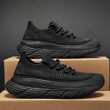 Tenis para hombre de malla knit con cordones y suela gruesa, tenis casuales antideslizantes, calzado deportivo versátil para diario - Negro - Ver 9