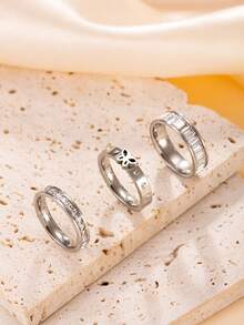 3pcs Elegant Cool Stainless Steel Women's Ring Set With Butterfly Zirconia Element, Suitable For Daily Wear, Dating, Party And Holiday Accessories - Silver - View 8