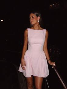 Basrey Women's Charming Pink Boat Neck Sleeveless Cocktail Dress, Open Back Bow Design, Short Flared Pleated Woven Fabric, Suitable For Elegant Occasions - Pink - View 1