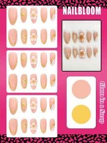 10pcs Medium Almond Shaped Press-On Nails, Autumn 3D Floral & Gold Plated Design, Gold Star Decor French Tip, Full Coverage Fake Nails, Suitable For Women And Girls Daily Wear - Champagne - View 2