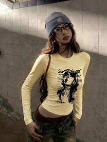 New Gen Z Y2K Cropped Long Sleeve T-Shirt Women's Design Print Spring Autumn Korean Style Round Neck Versatile Casual Slim Fit Top - Yellow - View 2