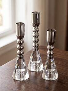 3/2/1pc Silver Metal Candle Holder Set, Modern Tapered Candle Holders With Crystal Base, Elegant Tabletop Centerpiece Decor, Home Decor, Living Room, Dining Table, Wedding, Party, Christmas Decoration, Minimalist Style, Housewarming Gift - Minimalist and Stylish - View 8
