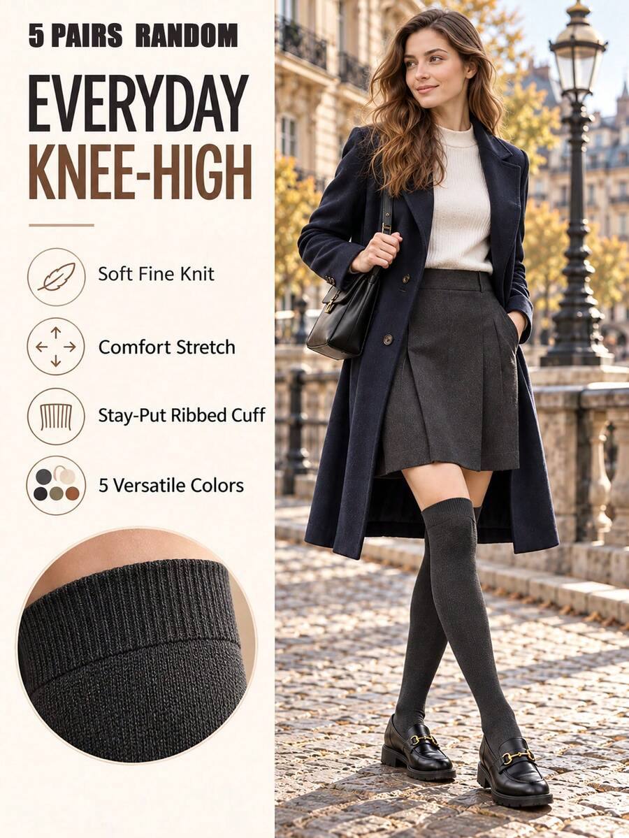 5 Pairs Random Multi Color Women The Knee Socks Women Socks Boot Socks Calf Socks Casual Socks Solid Basic Elastic Cuff Snug Fit Non Slip Daily Wear - Multicolor - View 1