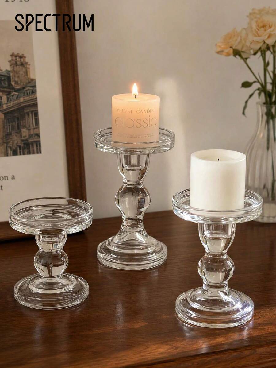 3pcs European Roman Column Glass Candle Holder Set, Minimalist Tabletop Home Decor, Candle Stand For Wedding & Holiday, Ideal Housewarming Gift - Roman Column Candlestick - View 1