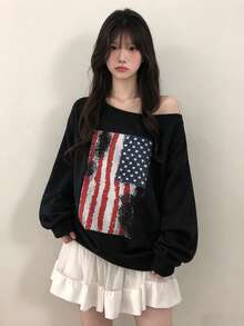 YCYC Vintage Flag Print Wide Neck Asymmetric Shoulder Sweatshirt Loose Fit Slimming Casual Top For Women - Black - View 1