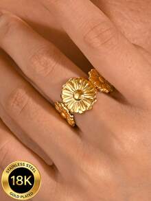 MONALLY Women Daisy Flower Open Adjustable Ring, 18K Gold Plated Stainless Steel Statement Floral Band Ring, Waterproof Stackable Finger Jewelry Gift For Her - Open Ring - View 1