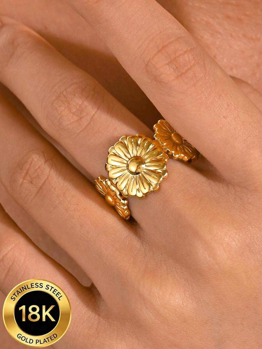 MONALLY Women Daisy Flower Open Adjustable Ring, 18K Gold Plated Stainless Steel Statement Floral Band Ring, Waterproof Stackable Finger Jewelry Gift For Her - Open Ring - View 1