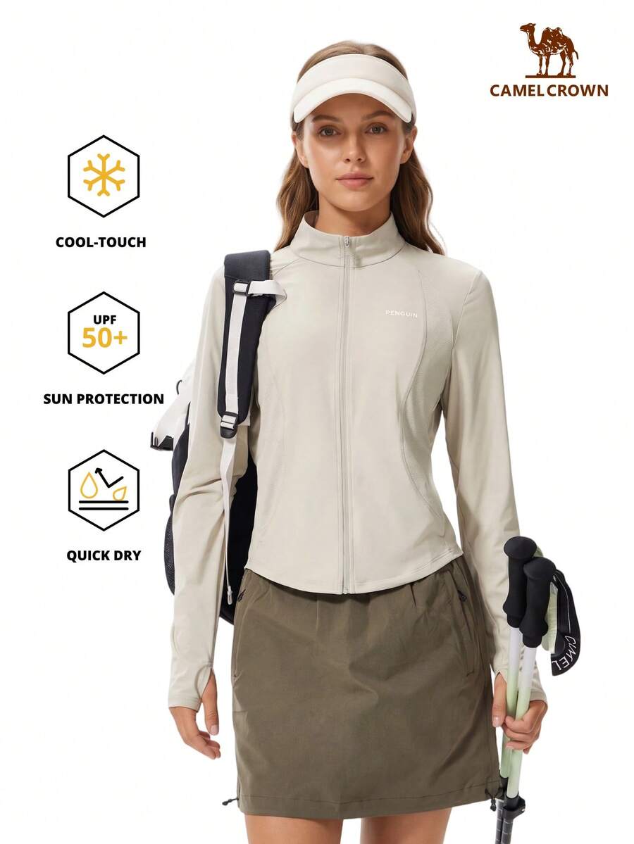 CAMEL CROWN Women's Slim Fit Waist-Cinching Sun Protection Jacket, Breathable Outdoor Raw Yarn Cardigan, Quick-Dry Sun Protection Shirt - Cold Tea Gray - View 1