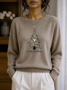 Plus Size Women's Vintage Christmas Tree Print Long Sleeve Crew Neck Sweater, Leopard Trim, Christmas Winter Top - Earth Gray - View 10