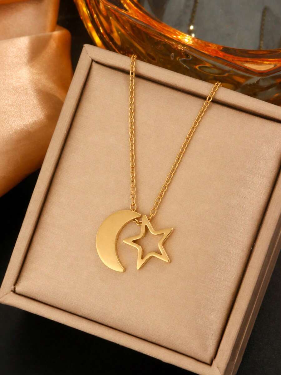 VceTd 1件镂空星月吊坠项链,优雅轻盈的女士魅力项链,优质电镀工艺,防褪色,细链,轻巧饰品,情侣饰品,男女皆宜,适合日常佩戴 - 金黃色 - 查看 1