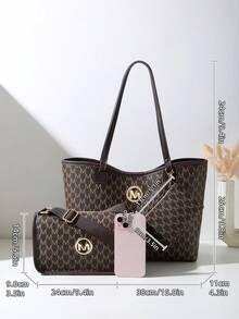 A Casual Women's Tote Bag 3 Pieces Set Made Of PU Material Bag With Quilted Letter Patterns That Blend Personalized And Fashion, Suitable For Daily Use - Coffee - View 2