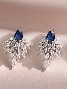 1pair Delicate Silver Plated Angel Wing Teardrop Blue Cubic Zirconia Design Earrings, Sparkly Bridal Jewelry For Wedding Banquet Party Dating & Gift - Blue - View 1