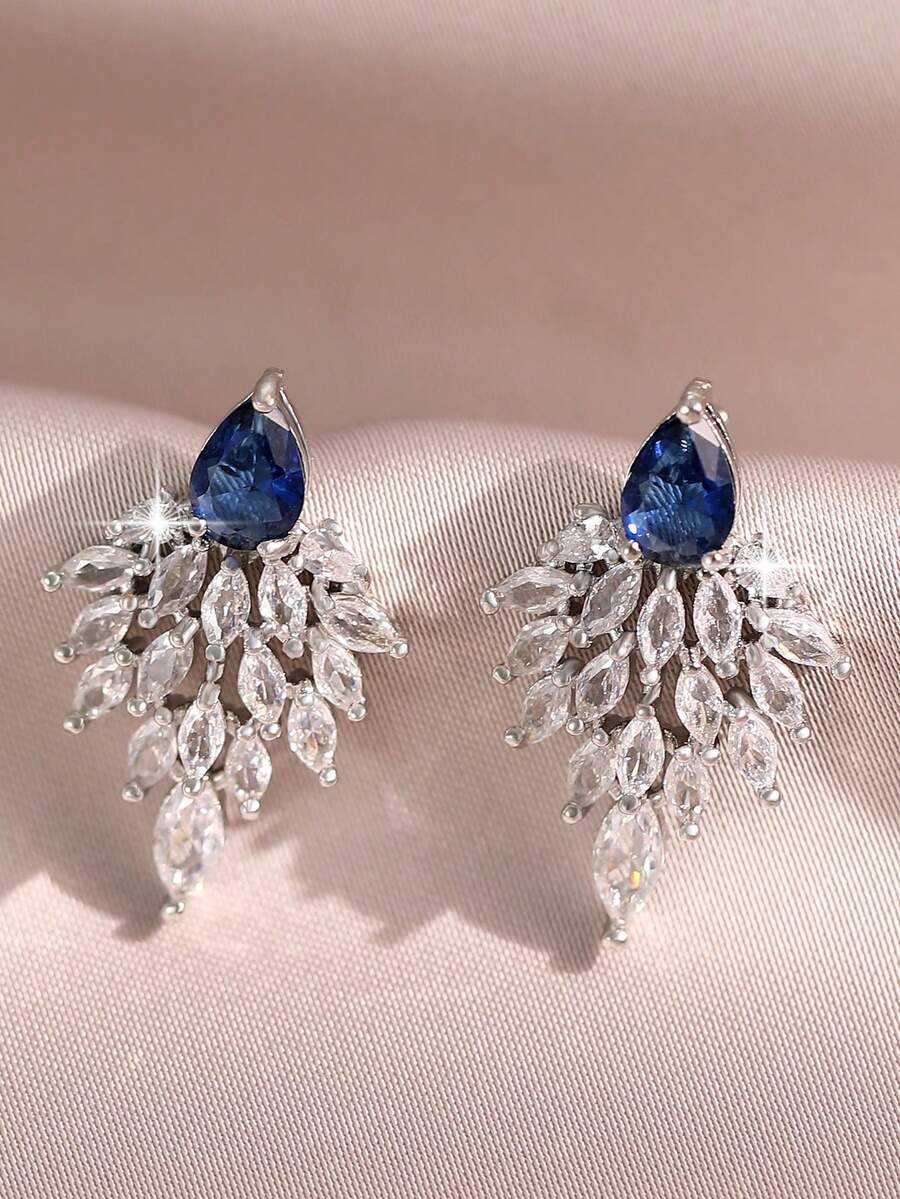 1pair Delicate Silver Plated Angel Wing Teardrop Blue Cubic Zirconia Design Earrings, Sparkly Bridal Jewelry For Wedding Banquet Party Dating & Gift - Blue - View 1