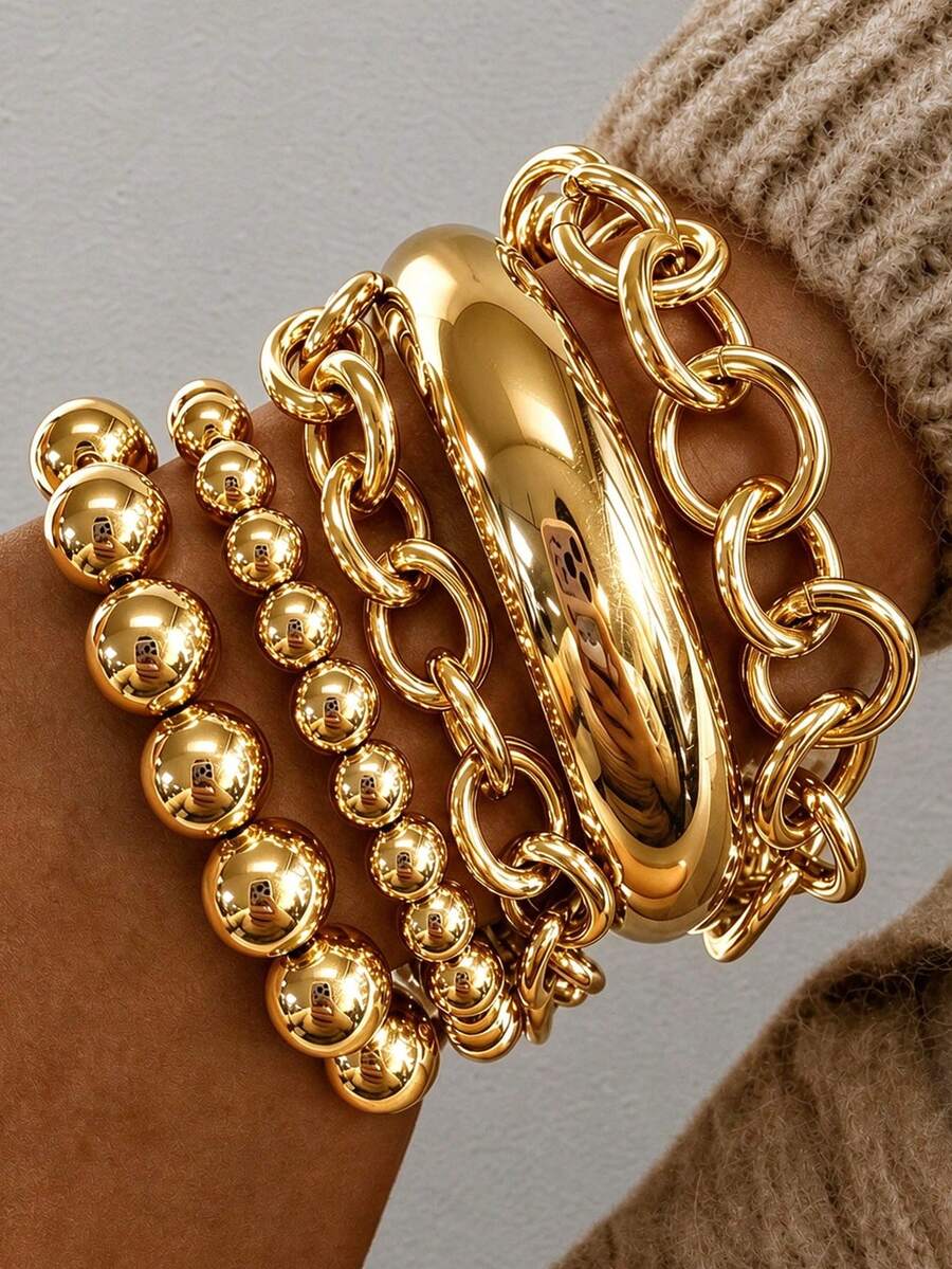 5/1pc Vintage Fashion Casual Style Smooth Round Bead Chain Gold Elastic ...