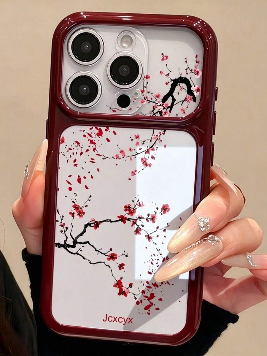 復古藝術墨紅梅花花卉印花圖案酒紅邊框手機殼，適用於 iPhone 18 Pro Max 18 Pro 17 Pro Max 16 Pro Max 15 Pro Max 14，創意透明硬殼大窗防震後蓋，聖誕禮物